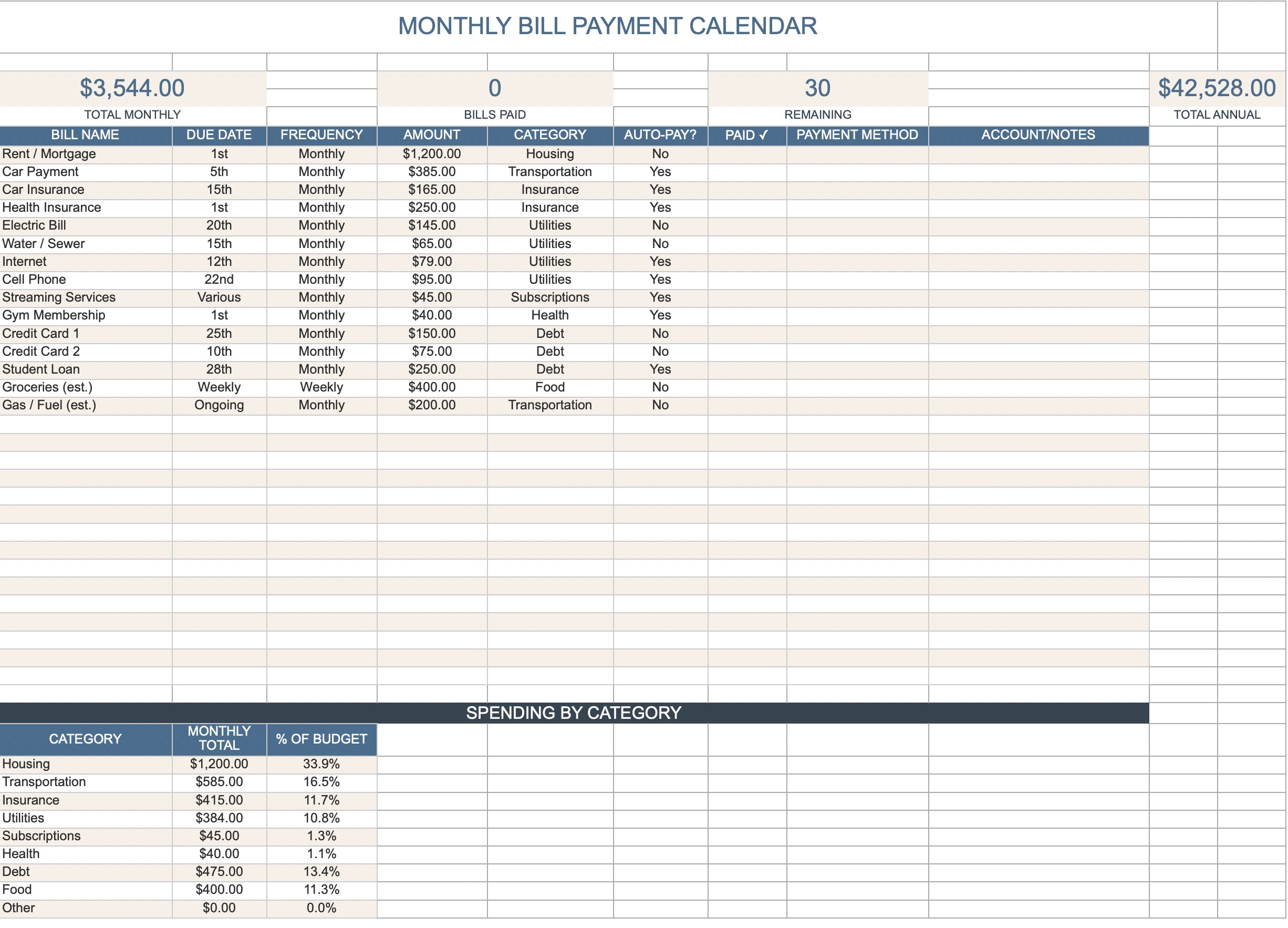 Bill Payment Calendar
