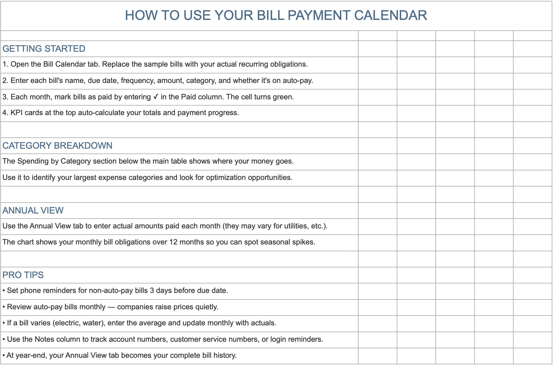 Bill Payment Calendar
